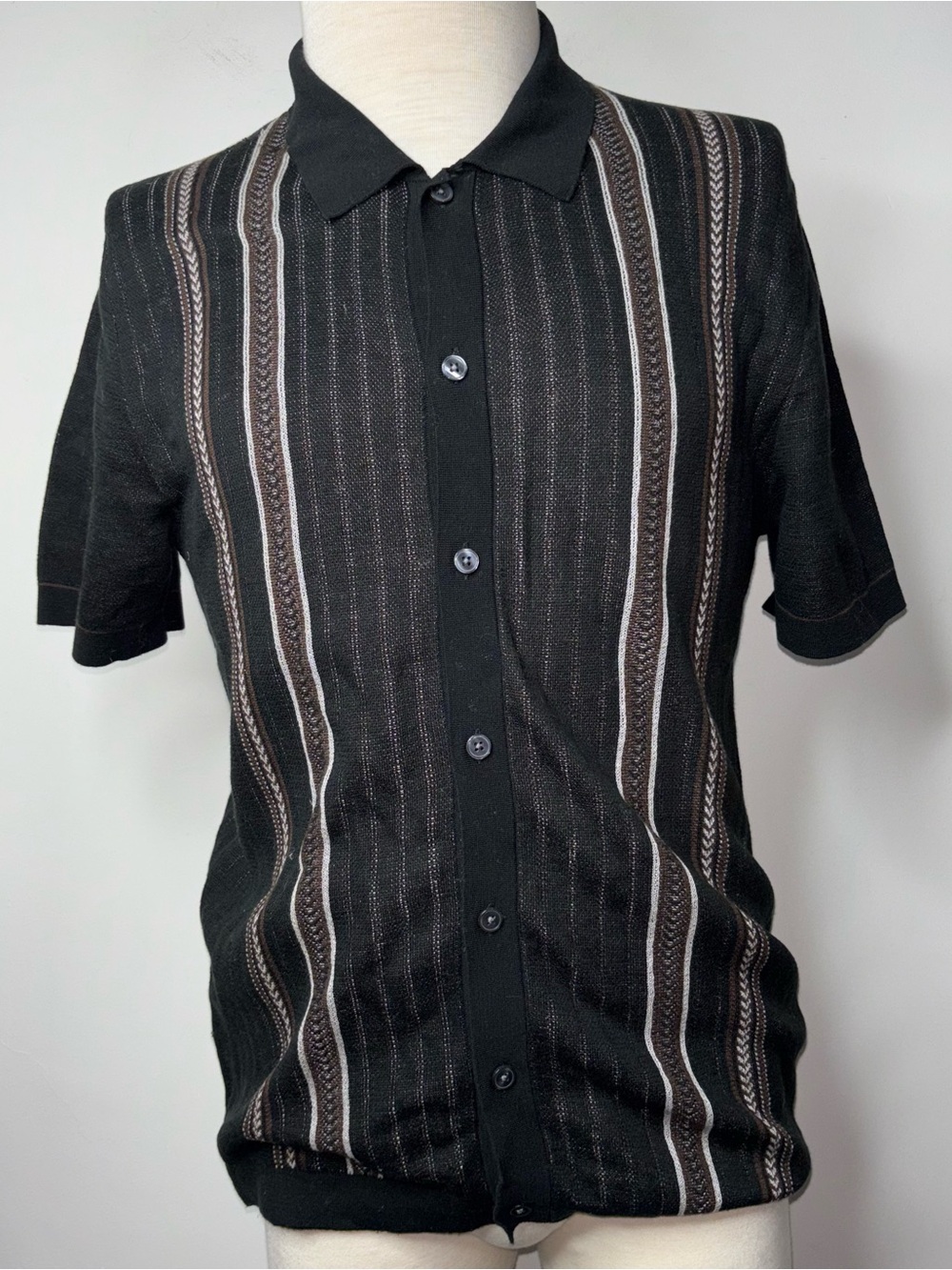 Banana Republic Retro Sweater Polo Mens M Button Black Striped Camp Collar